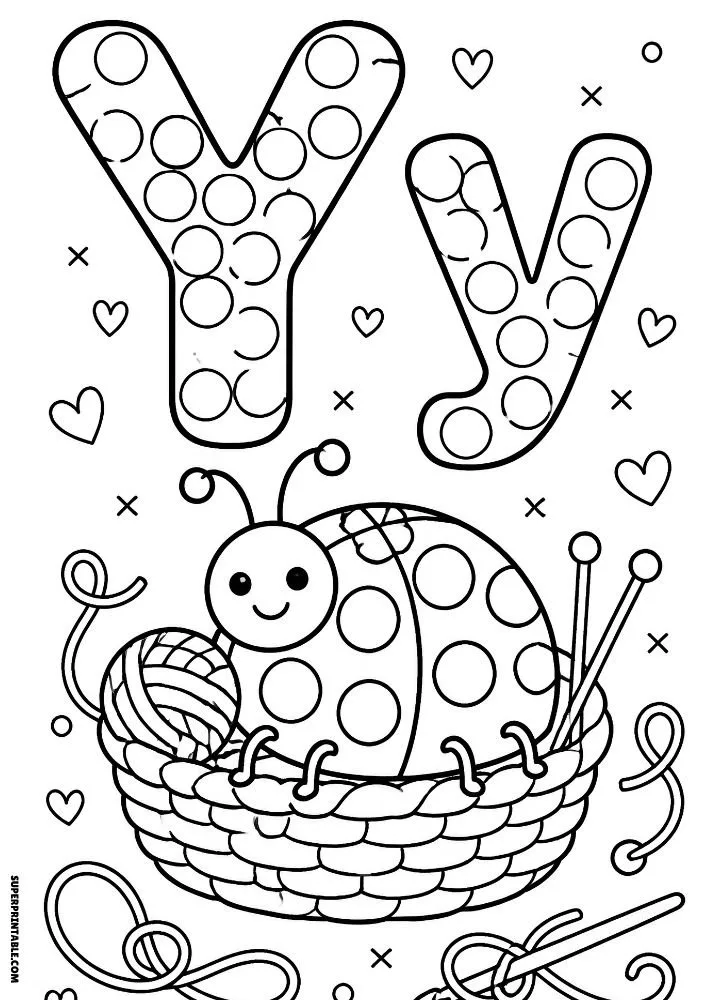 Letter Y coloring page with a ladybug in a basket of yarn.