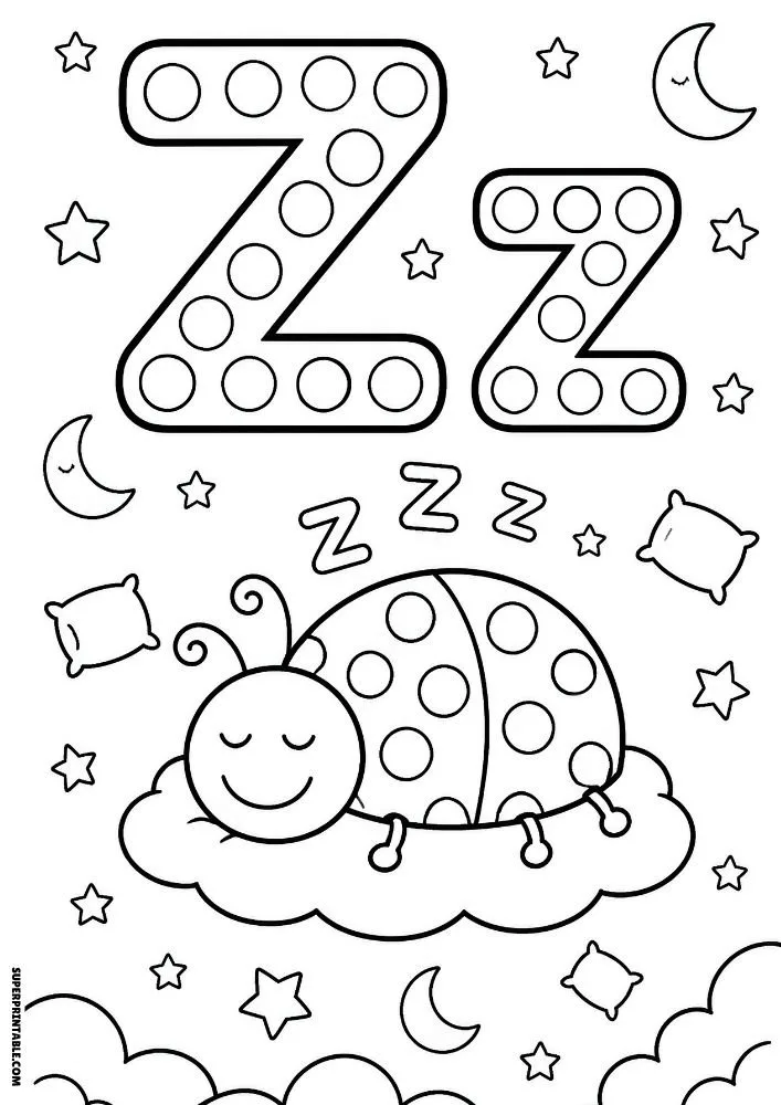 Letter Z coloring page with a sleeping ladybug on a cloud.
