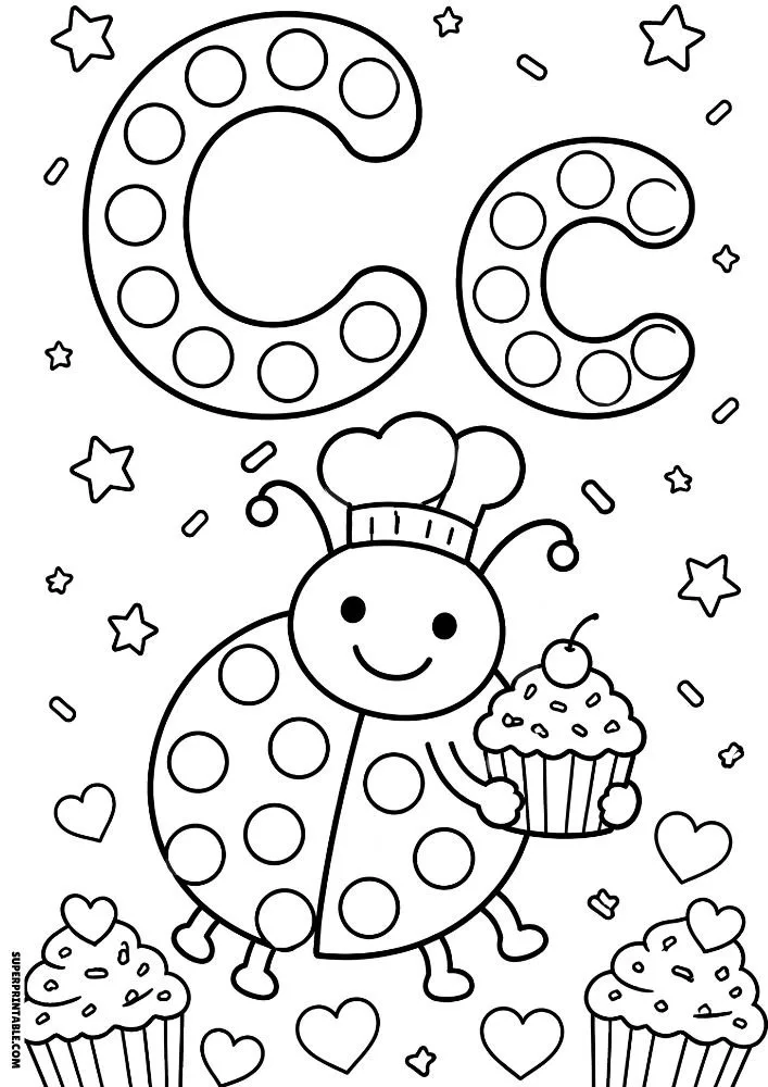 Letter C coloring page with a baker ladybug holding a cupcake.