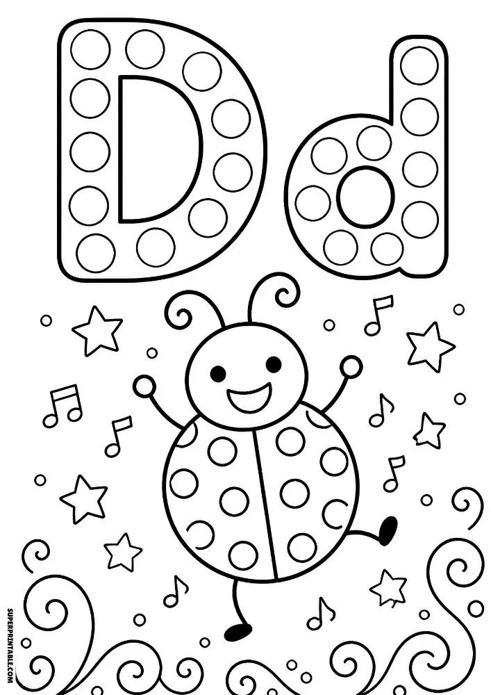 Letter D coloring page with a dancing ladybug surrounded by music notes.