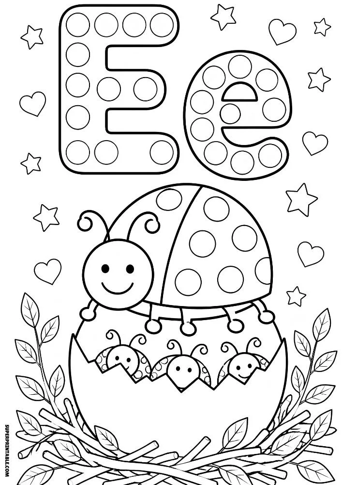 Letter E coloring page with a ladybug above a nest and eggs.