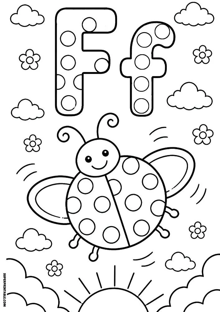 Letter F coloring page with a flying ladybug in the sky.