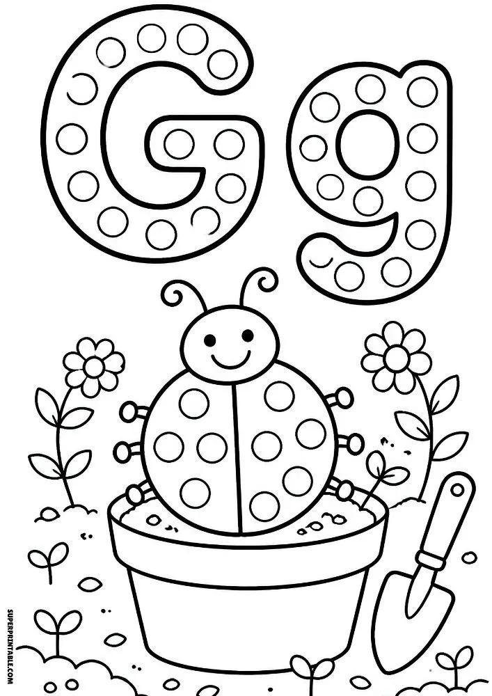 Letter G coloring page with a ladybug in a flower pot.