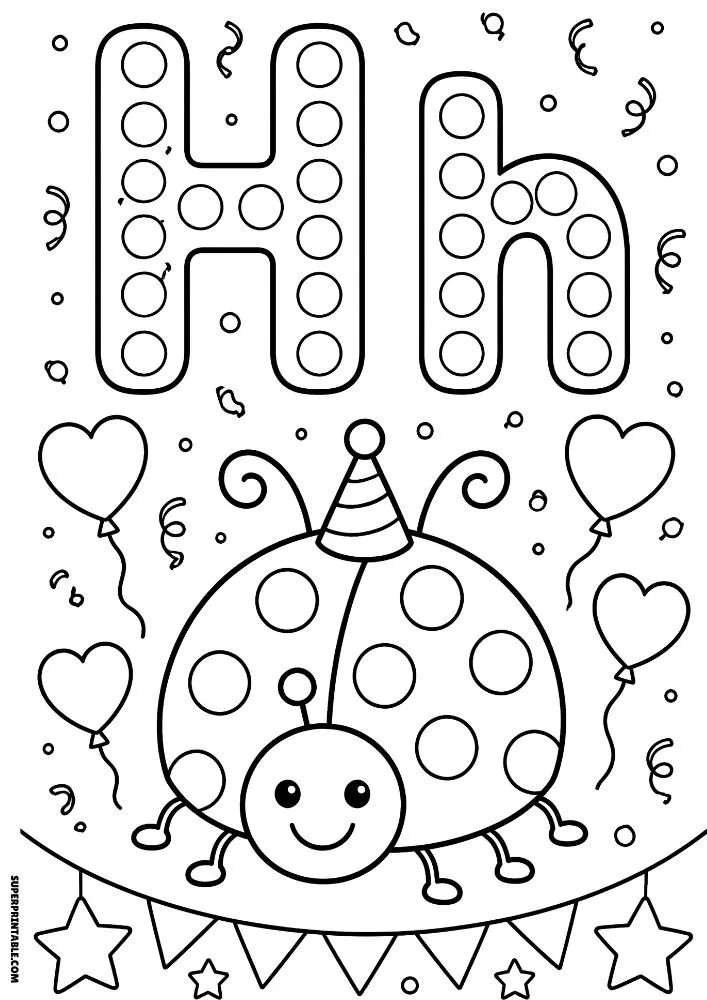 Letter H coloring page with a party ladybug and balloons.
