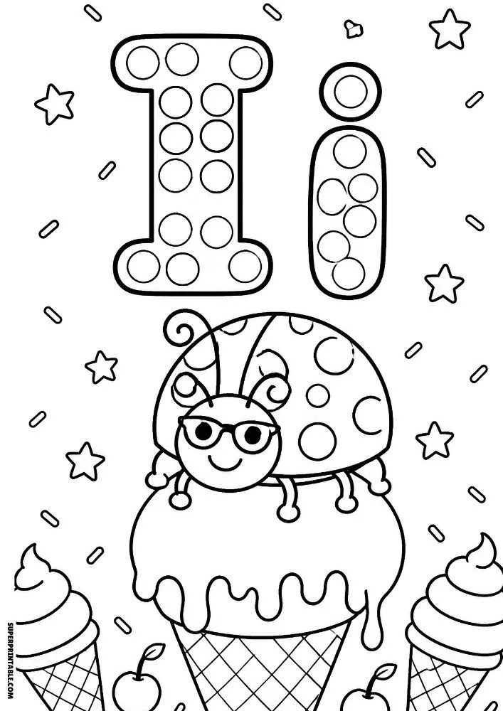Letter I coloring page with a ladybug sitting on an ice cream cone.