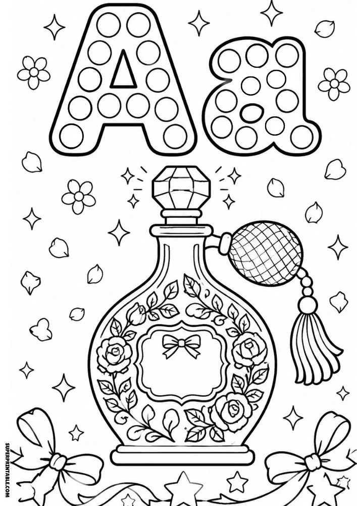 Letter A coloring page with a decorative perfume bottle covered in roses and bows.