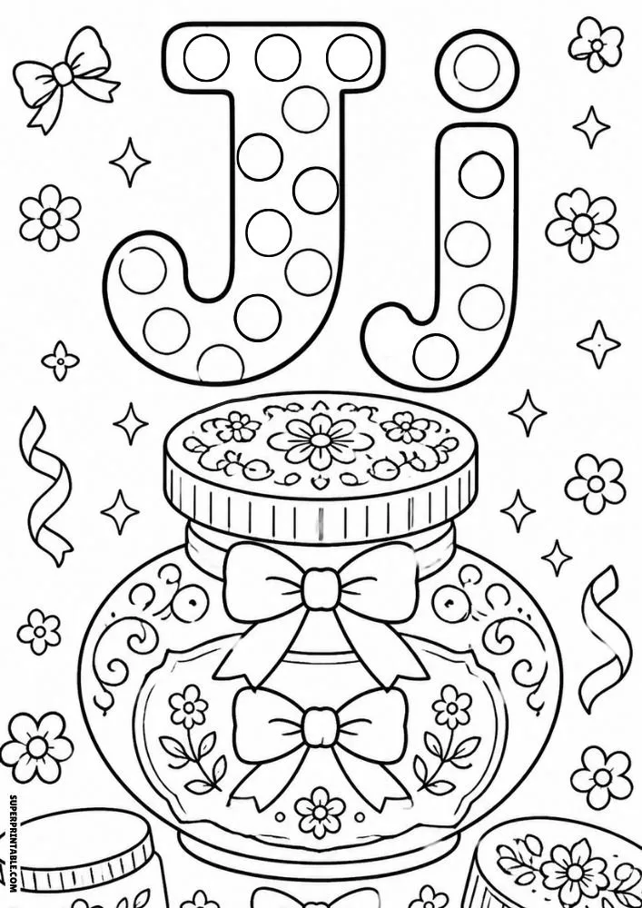 Letter J coloring page with a decorative perfume jar covered in bows.
