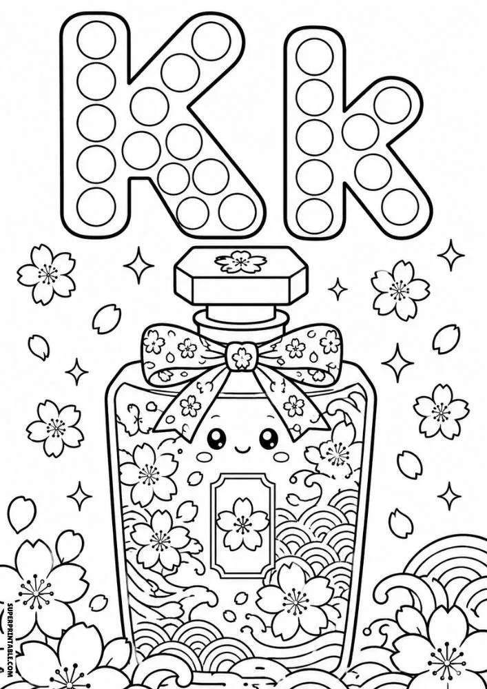 Letter K coloring page with a blossom-themed perfume bottle and bow.