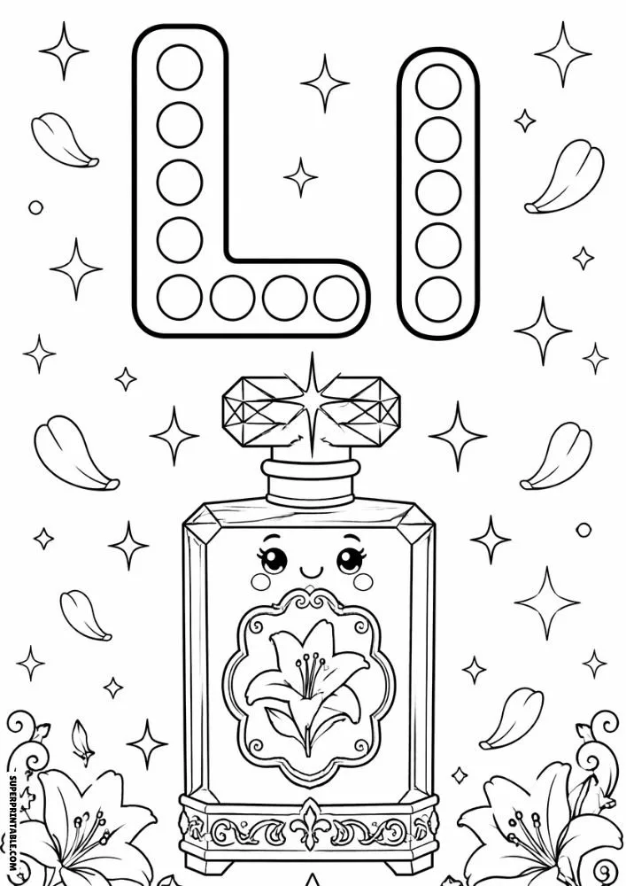 Letter L coloring page with a lily-themed perfume bottle and floral accents.