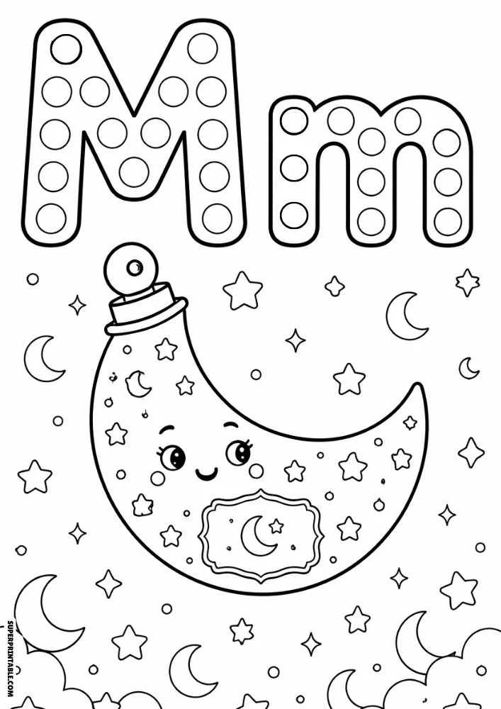 Letter M coloring page with a moon-shaped perfume bottle and stars.