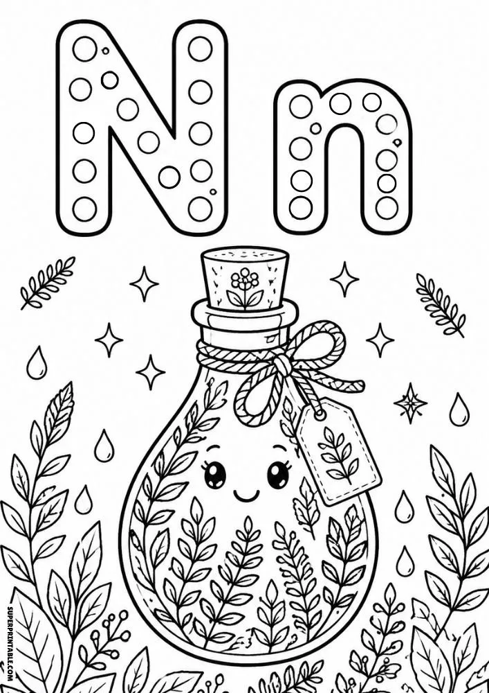 Letter N coloring page with a nature-themed perfume bottle and leaves.