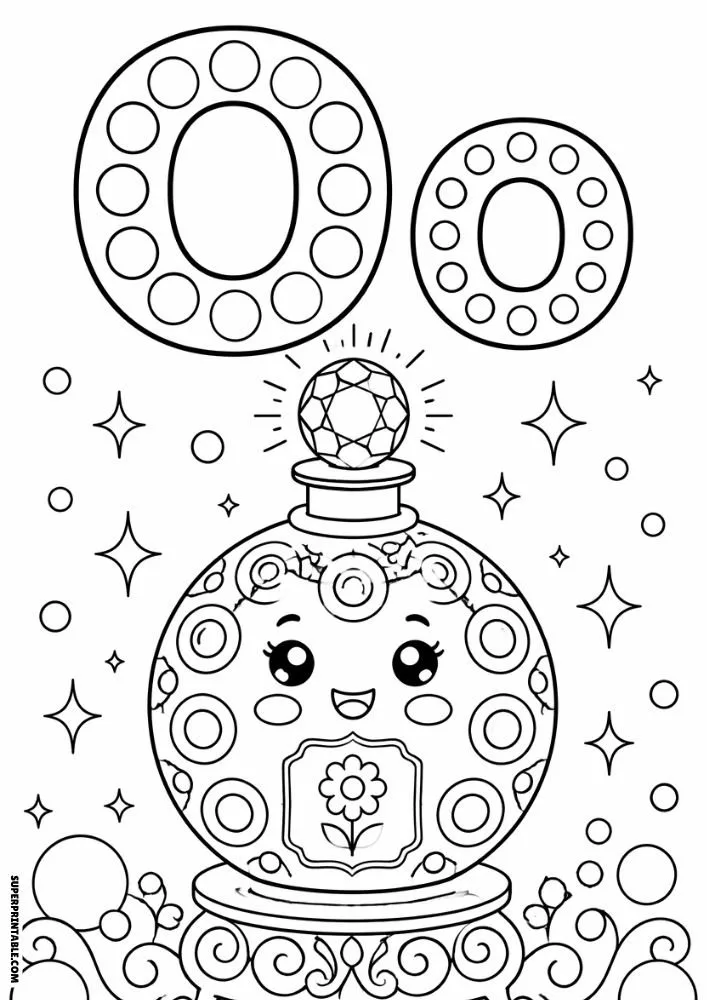 Letter O coloring page with a round perfume bottle and floral label.