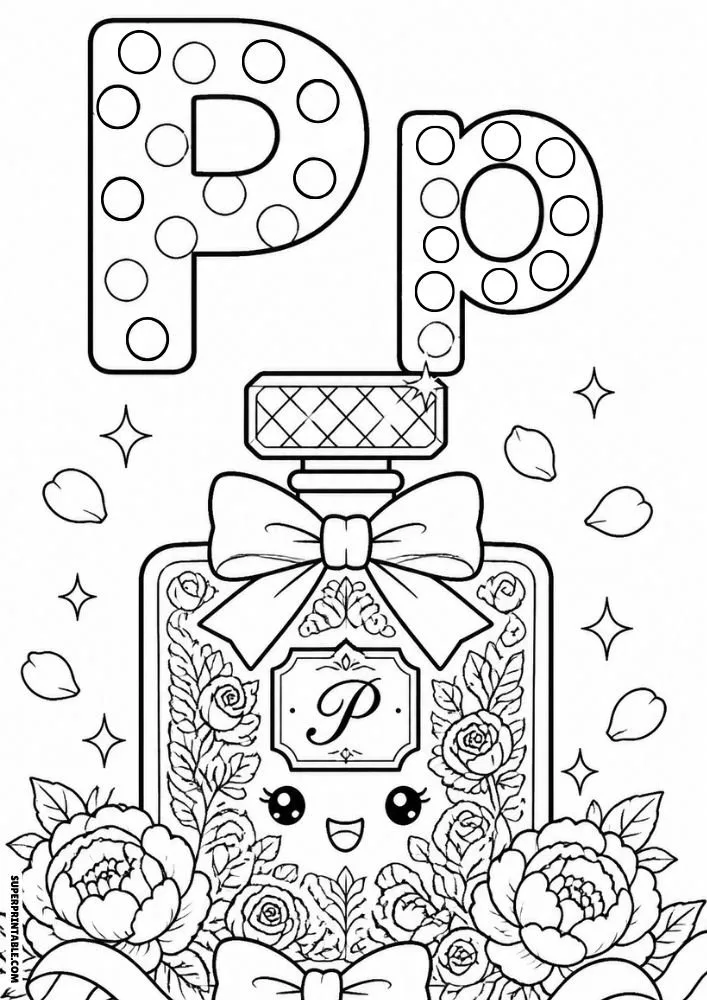 Letter P coloring page with a floral perfume bottle and large bow.