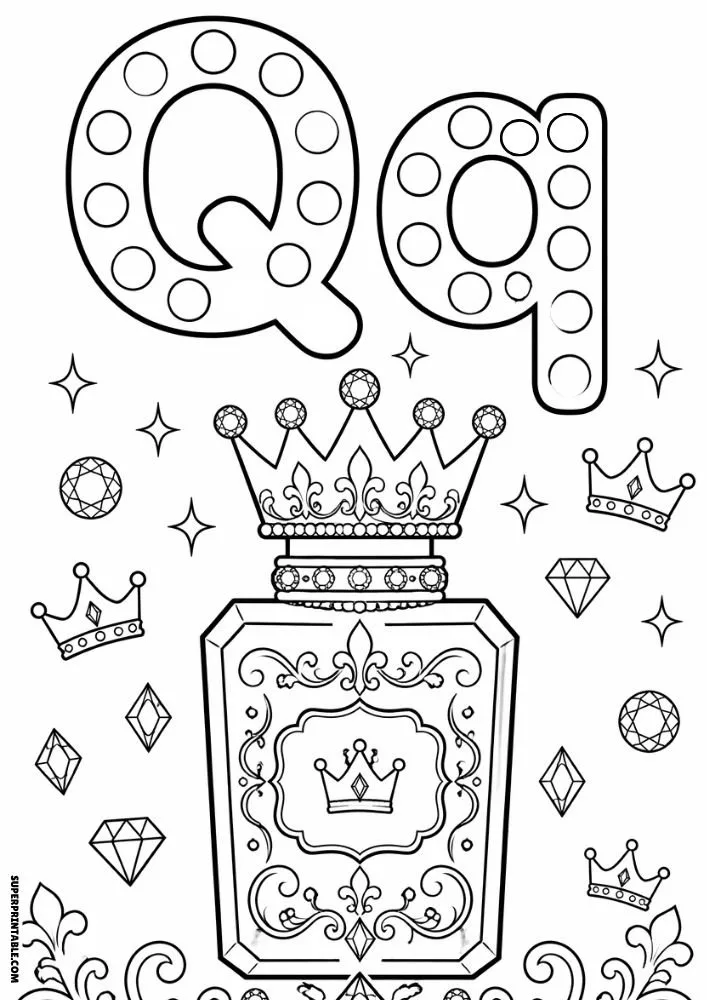 Letter Q coloring page with a crowned perfume bottle and gems.