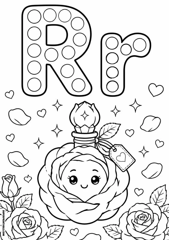 Letter R coloring page with a rose-shaped perfume bottle and roses.