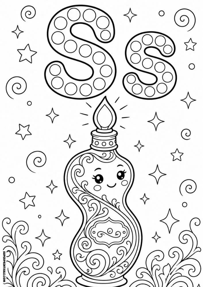 Letter S coloring page with a swirl-pattern perfume bottle and stars.