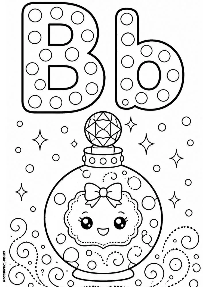 Letter B coloring page with a smiling round perfume bottle and bow.