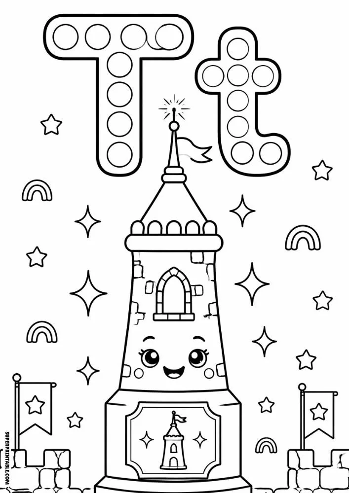 Letter T coloring page with a tower-shaped perfume bottle and castle details.