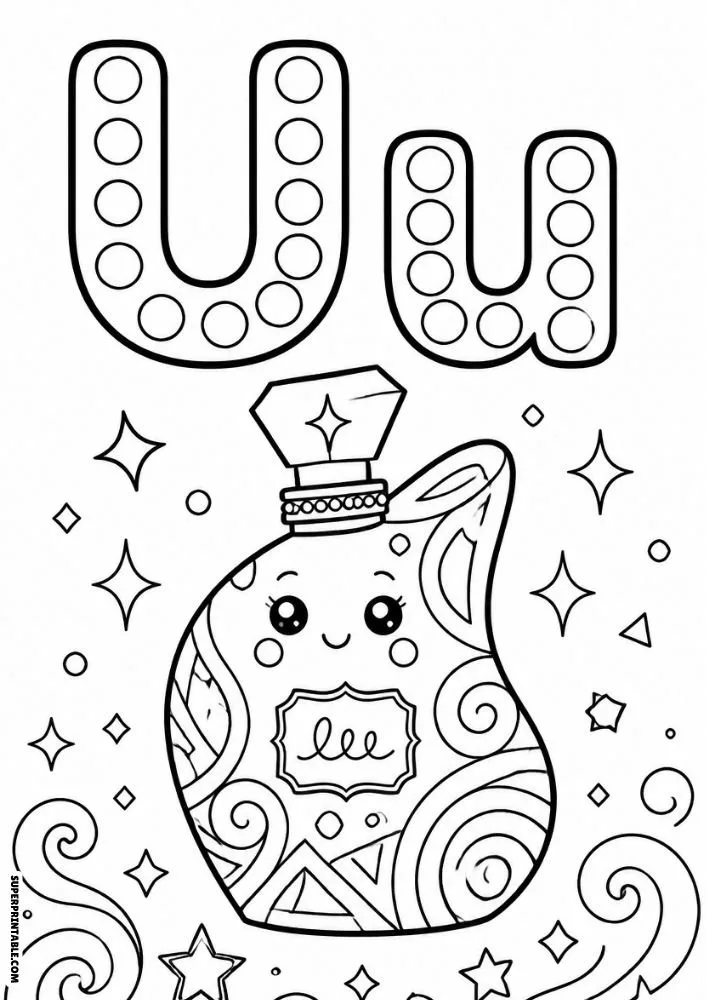 Letter U coloring page with a decorative perfume bottle covered in swirls and stars.