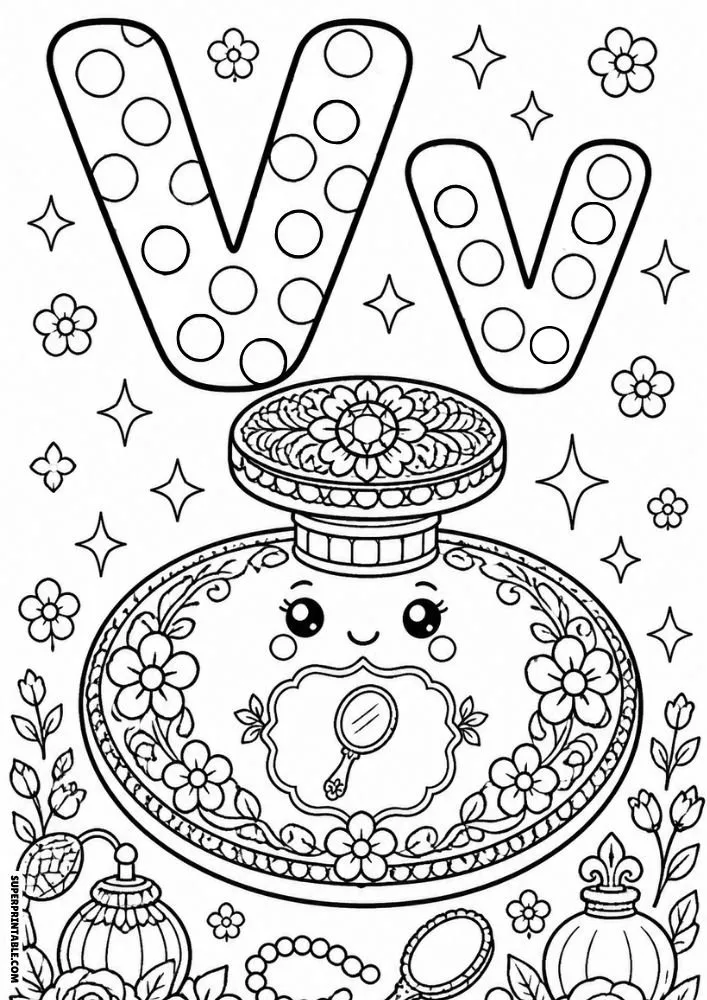 Letter V coloring page with a vintage floral perfume bottle and decorative details.
