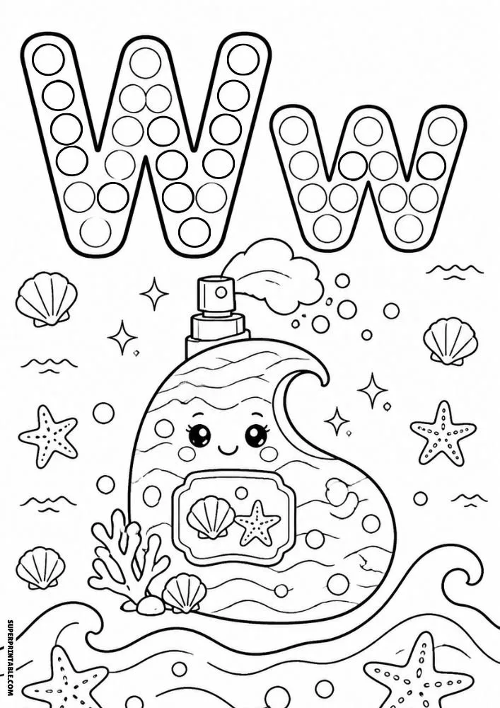Letter W coloring page with an ocean-themed perfume bottle, shells, and starfish.