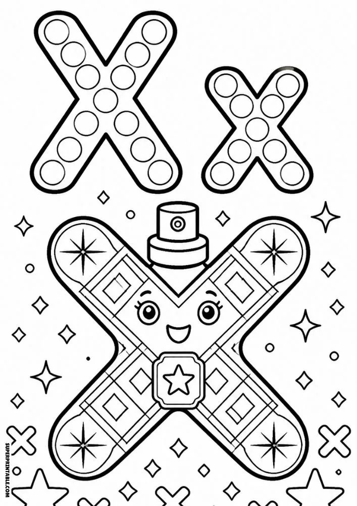 Letter X coloring page with an X-shaped perfume bottle and sparkling designs.