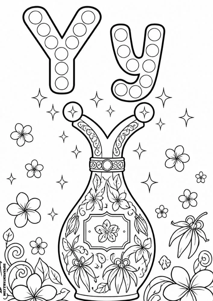 Letter Y coloring page with a floral perfume bottle surrounded by blossoms.