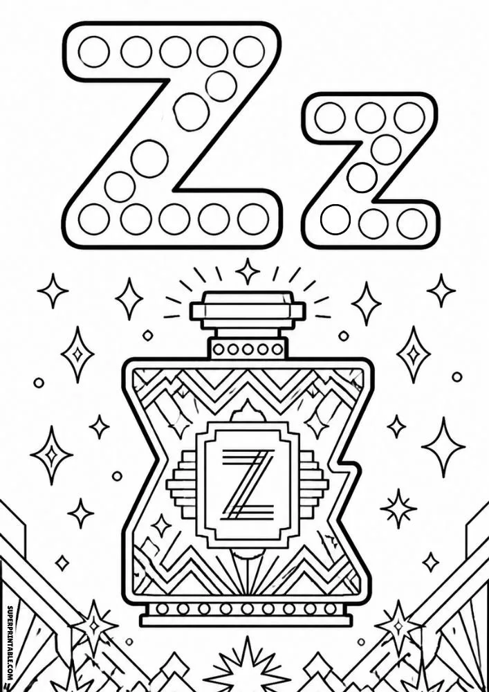 Letter Z coloring page with an Art Deco perfume bottle and geometric patterns.