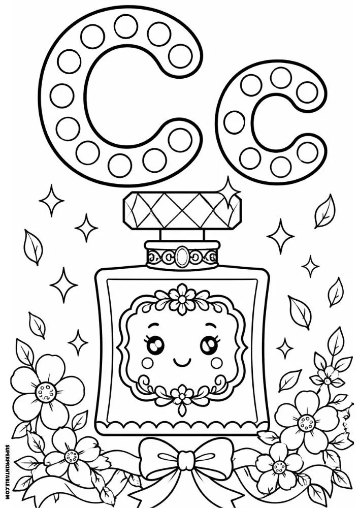 Letter C coloring page with a floral perfume bottle and flower border.
