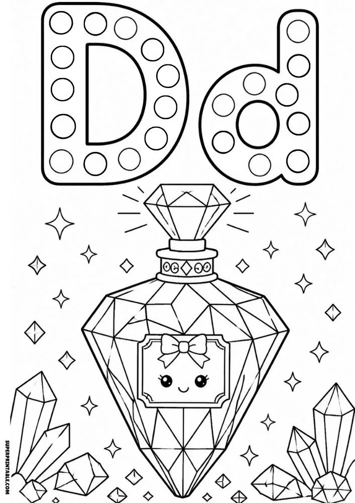 Letter D coloring page with a crystal-shaped perfume bottle and gems.