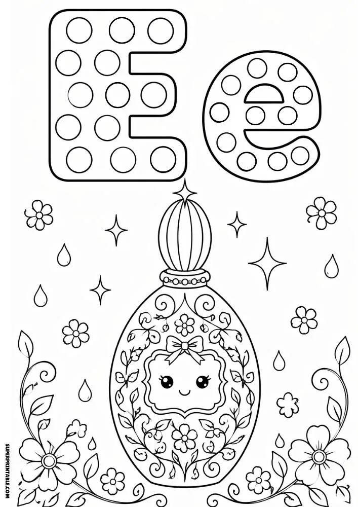 Letter E coloring page with a floral perfume bottle and decorative flowers.