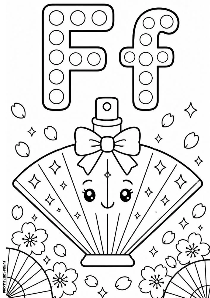 Letter F coloring page with a fan-shaped perfume bottle and flowers.