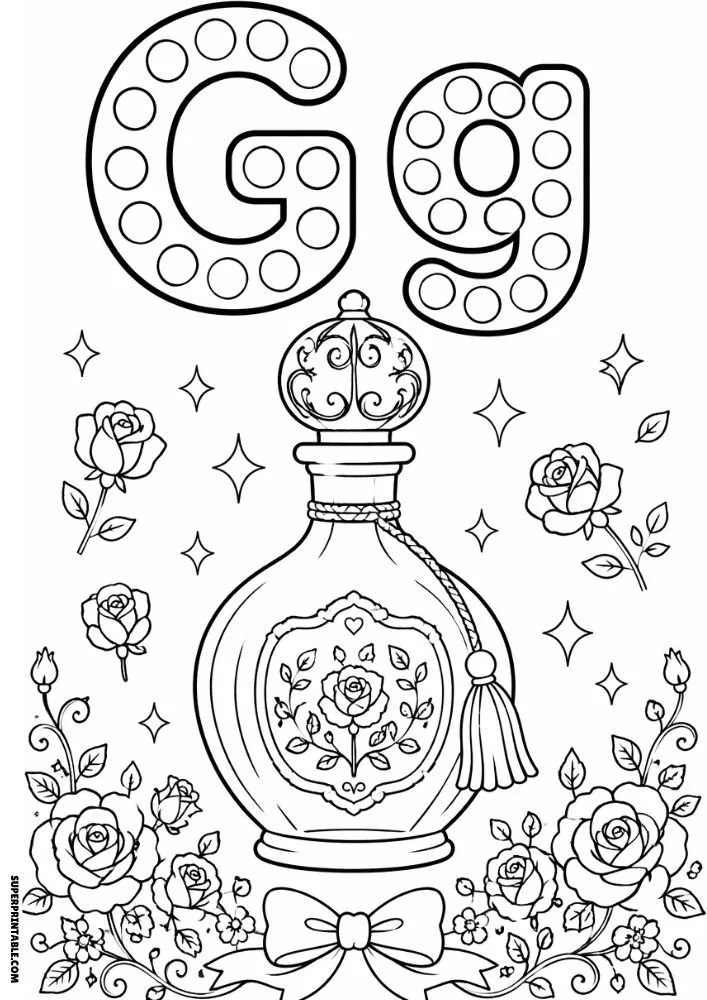 Letter G coloring page with a rose-themed perfume bottle and ribbon.