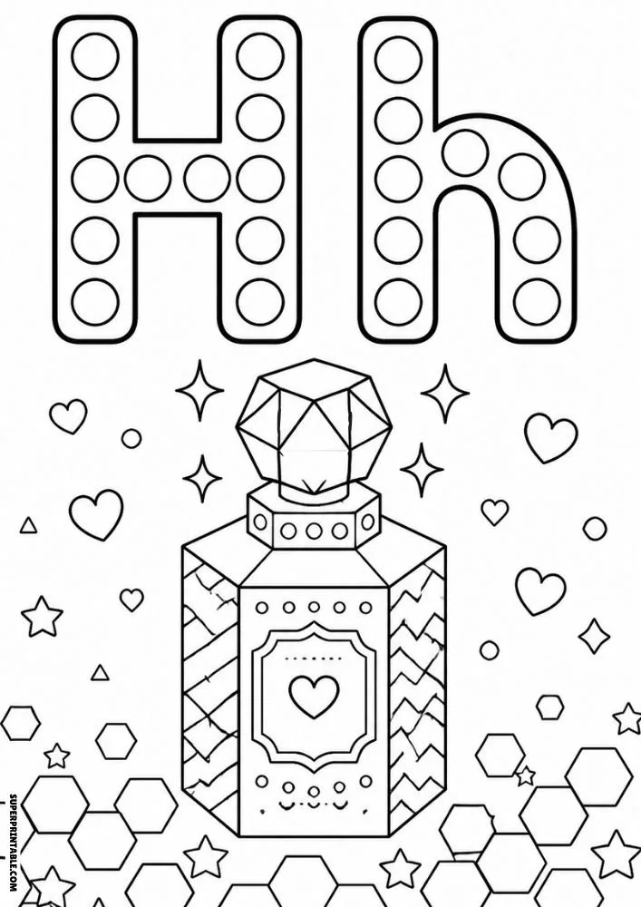 Letter H coloring page with a perfume bottle featuring a heart design.