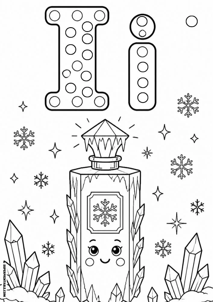 Letter I coloring page with a snowflake perfume bottle and crystal decorations.