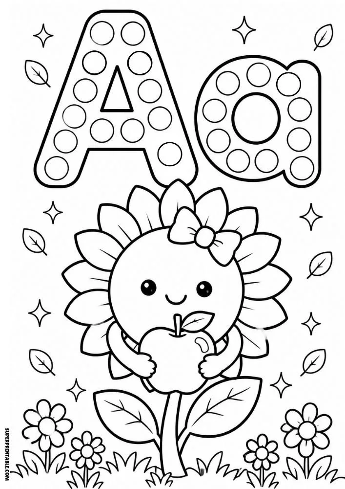 Letter A coloring page with a smiling sunflower holding an apple in a flower garden.
