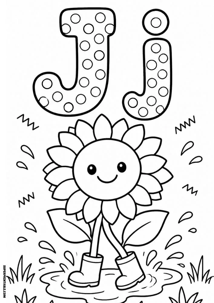 Letter J coloring page with a sunflower jumping in a puddle with boots.