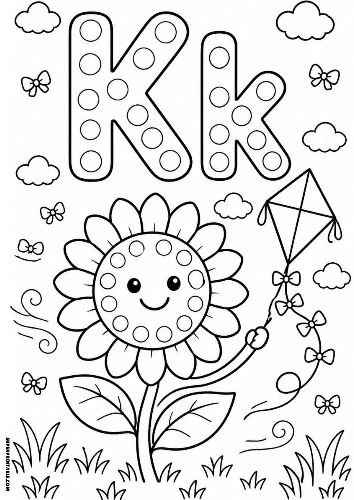 Letter K coloring page with a sunflower flying a kite outdoors.