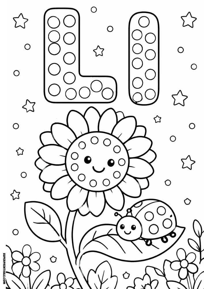 Letter L coloring page with a sunflower and a smiling ladybug.