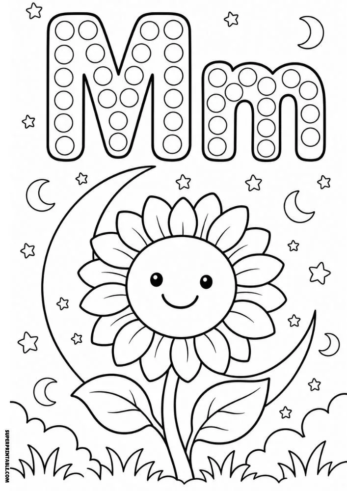 Letter M coloring page with a sunflower under the moon and stars.