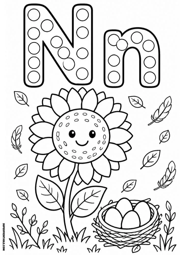 Letter N coloring page with a sunflower and a nest of eggs.