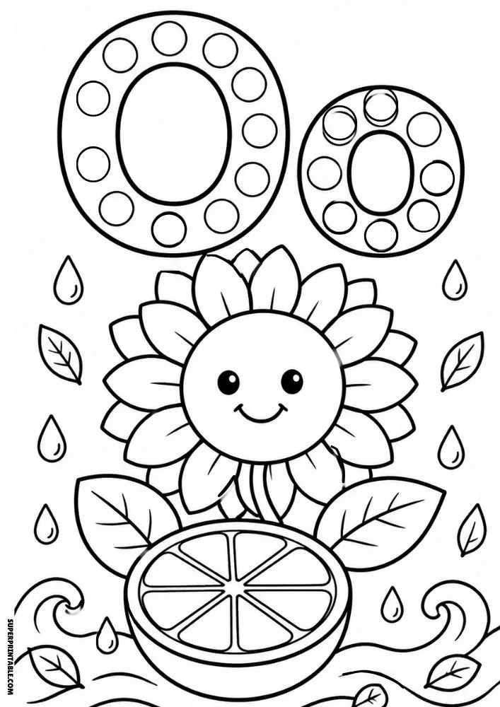 Letter O coloring page with a sunflower and a sliced orange.