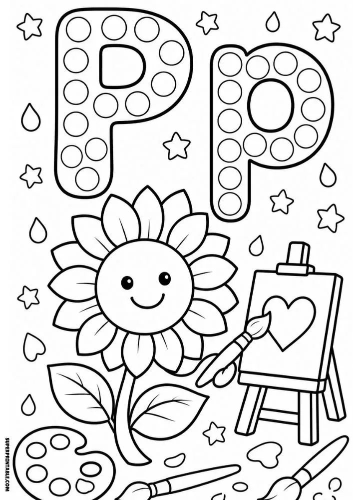 Letter P coloring page with a sunflower, paintbrushes, and an easel.