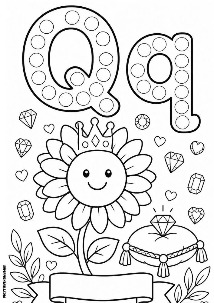 Letter Q coloring page with a crowned sunflower and sparkling gems.