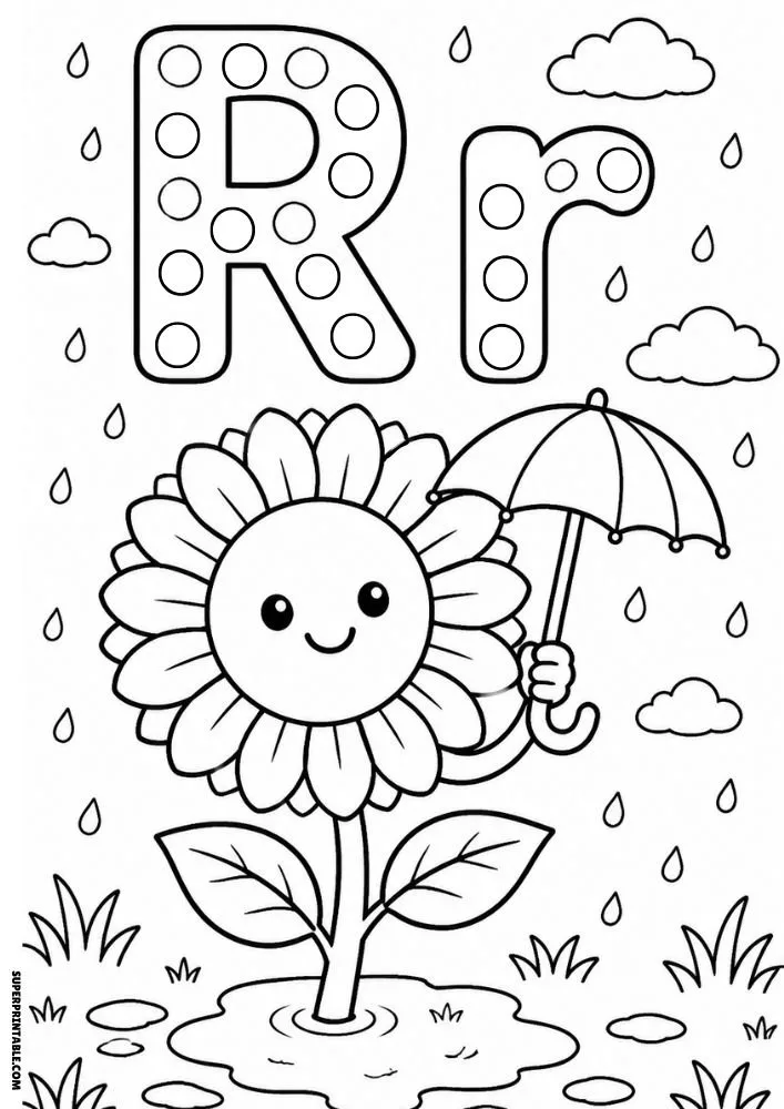 Letter R coloring page with a sunflower holding an umbrella in the rain.