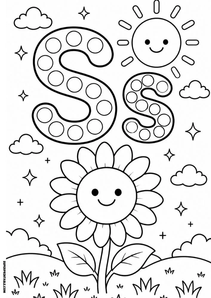 Letter S coloring page with a sunflower under a smiling sun.