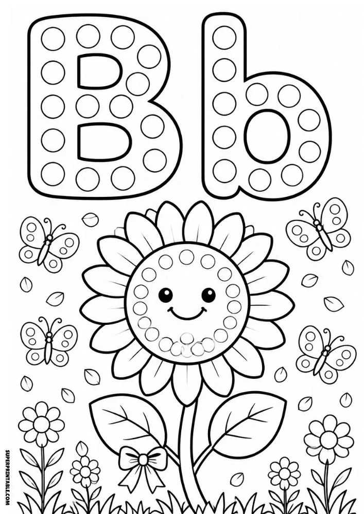 Letter B coloring page with a smiling sunflower surrounded by butterflies and flowers.