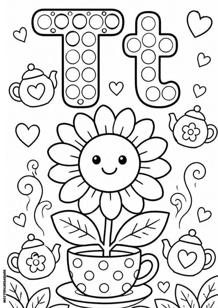 Letter T coloring page with a sunflower in a teacup and teapots.