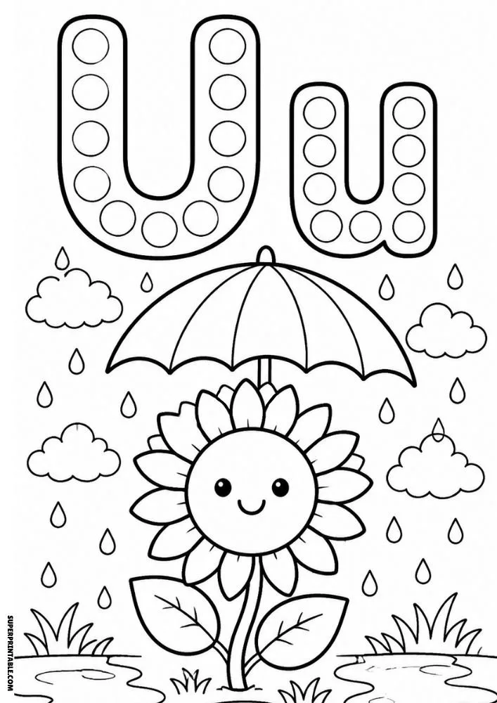 Letter U coloring page with a smiling sunflower under an umbrella in the rain.