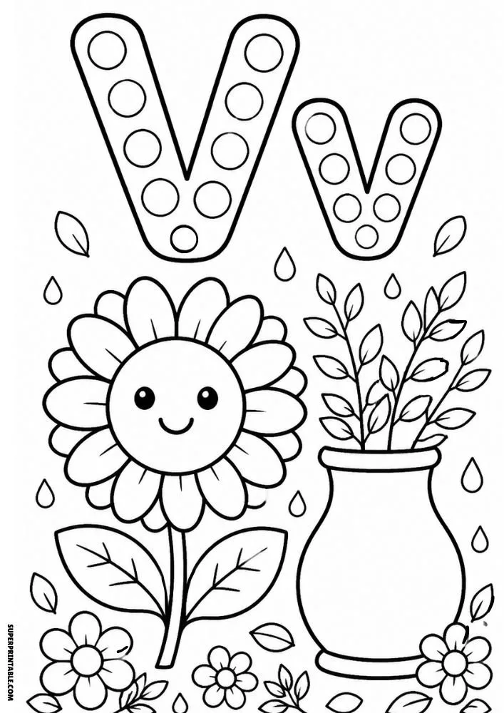 Letter V coloring page with a smiling sunflower next to a flower vase.